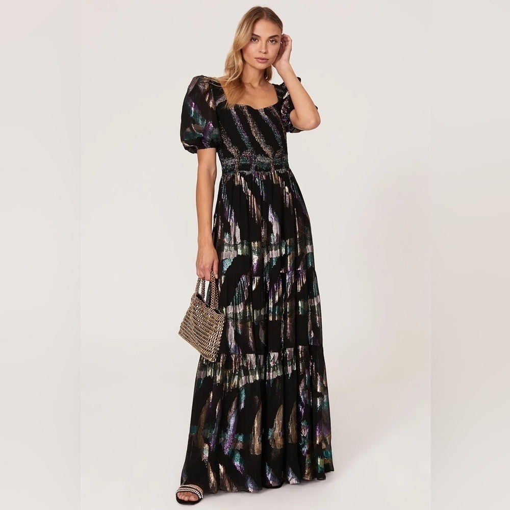 SHOSHANNA Midnight Metallic Atley Black Floor Length Puff Sleeve Gown